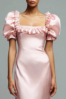 Pink Satin Puff Sleeves Sheath Long Formal Dress