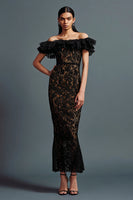 Load image into Gallery viewer, Black Mermaid Lace Off the Shoulder Long Formal Dress with Ruffles