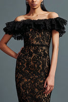Load image into Gallery viewer, Black Mermaid Lace Off the Shoulder Long Formal Dress with Ruffles