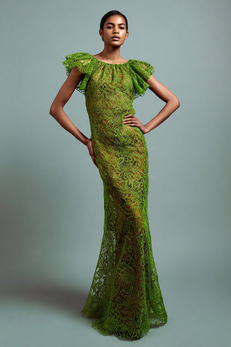 Green Lace Round Neck Mermaid Long Formal Dress