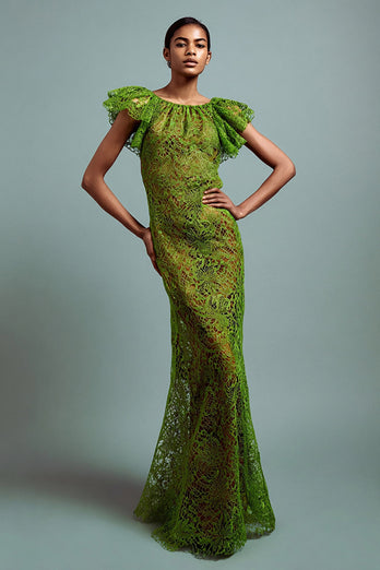 Green Lace Round Neck Mermaid Long Formal Dress