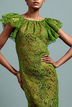 Green Lace Round Neck Mermaid Long Formal Dress