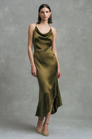 Load image into Gallery viewer, Olive Satin Cowl Neck Asymmetrical Sheath Formal Dress