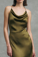 Load image into Gallery viewer, Olive Satin Cowl Neck Asymmetrical Sheath Formal Dress