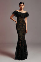 Load image into Gallery viewer, Black Off the Shoulder Lace Mermaid Long Formal Dress with Ruffles