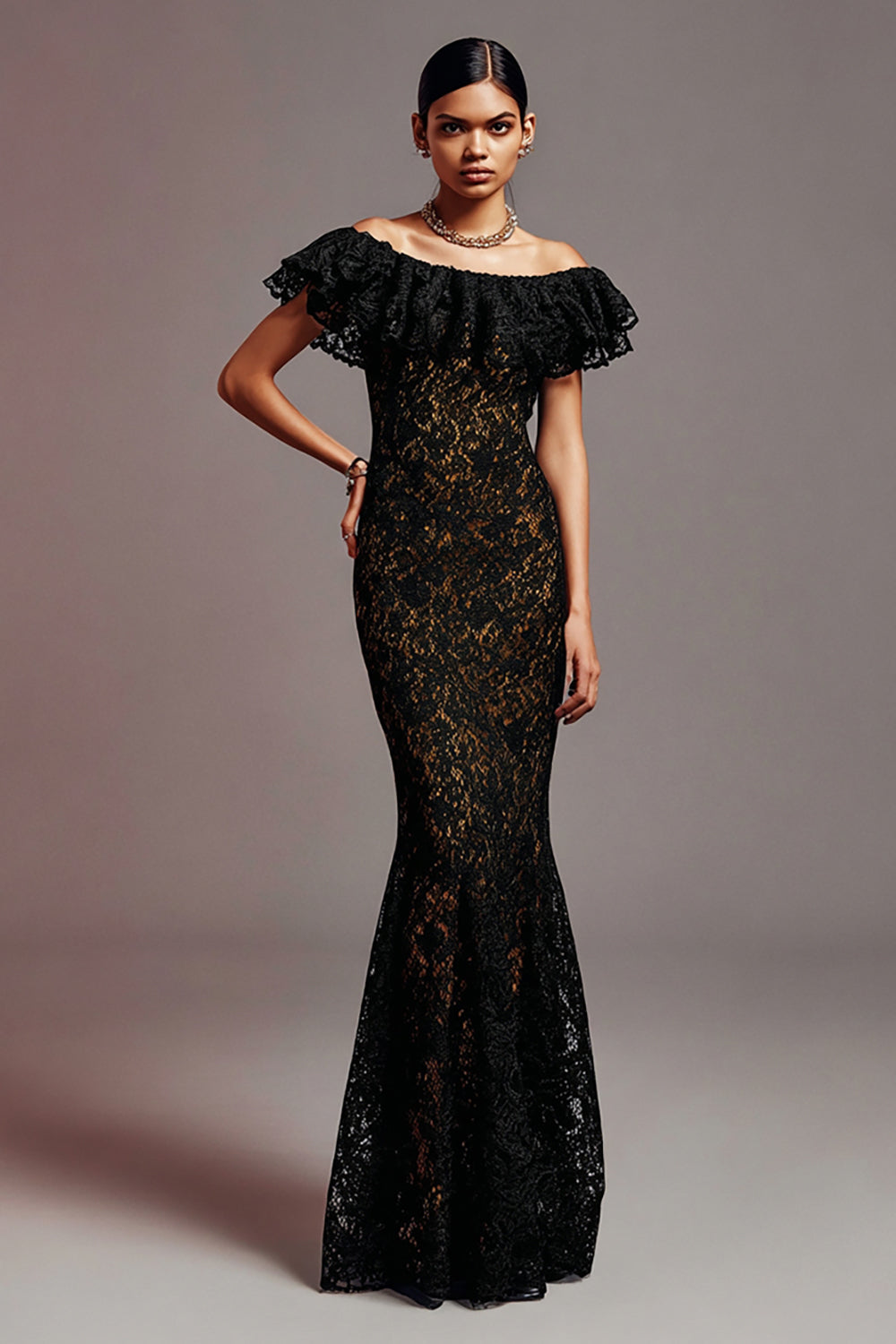 Black Off the Shoulder Lace Mermaid Long Formal Dress with Ruffles
