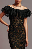 Load image into Gallery viewer, Black Off the Shoulder Lace Mermaid Long Formal Dress with Ruffles