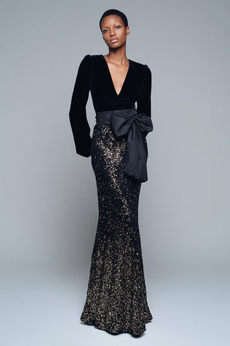 Sparkly Black Sequin V-Neck Long Sleeves Formal Dress with Bow