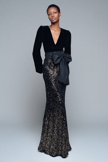 Sparkly Black Sequin V-Neck Long Sleeves Formal Dress with Bow
