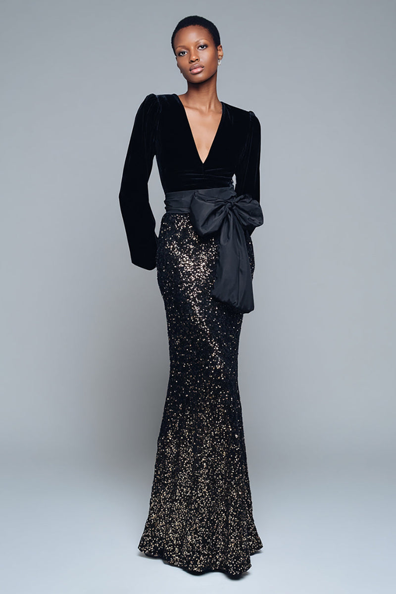 Load image into Gallery viewer, Sparkly Black Sequin V-Neck Long Sleeves Formal Dress with Bow