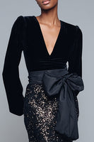 Load image into Gallery viewer, Sparkly Black Sequin V-Neck Long Sleeves Formal Dress with Bow