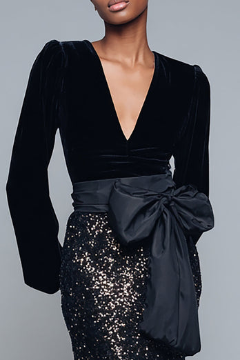 Sparkly Black Sequin V-Neck Long Sleeves Formal Dress with Bow