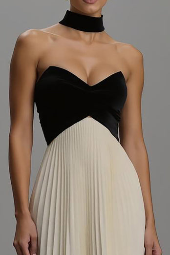 Black and White Sweetheart Pleated Long A-Line Formal Dress