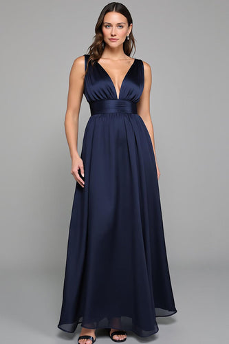Navy A Line Deep V Neck Long Formal Drees