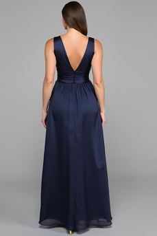 Navy A Line Deep V Neck Long Formal Drees