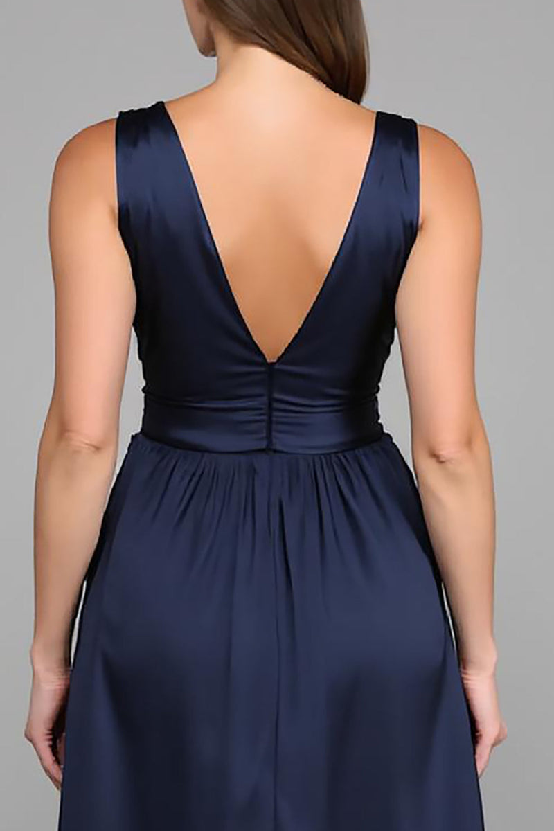 Load image into Gallery viewer, Navy A Line Deep V Neck Long Formal Drees