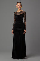 Load image into Gallery viewer, Black Sheath Velvet Illusion Neck Long Formal Dress with Sleeves