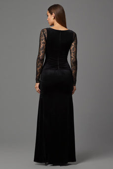 Black Sheath Velvet Illusion Neck Long Formal Dress with Sleeves