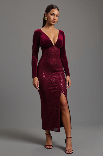 Sparkly Burgundy Sheath Sequins Long Sleeves Formal Dress with Slit