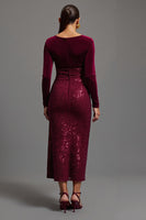 Load image into Gallery viewer, Sparkly Burgundy Sheath Sequins Long Sleeves Formal Dress with Slit