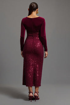 Sparkly Burgundy Sheath Sequins Long Sleeves Formal Dress with Slit
