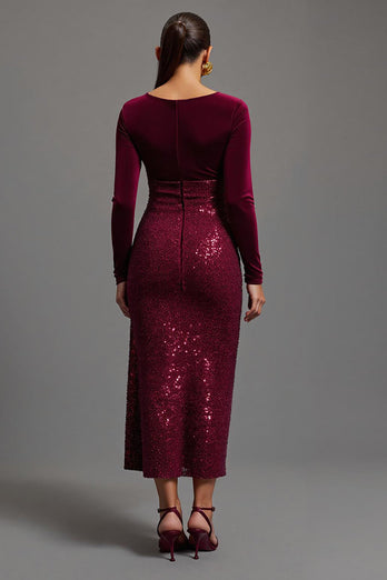 Sparkly Burgundy Sheath Sequins Long Sleeves Formal Dress with Slit