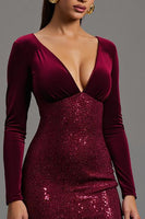Load image into Gallery viewer, Sparkly Burgundy Sheath Sequins Long Sleeves Formal Dress with Slit