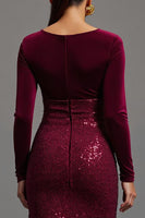 Load image into Gallery viewer, Sparkly Burgundy Sheath Sequins Long Sleeves Formal Dress with Slit
