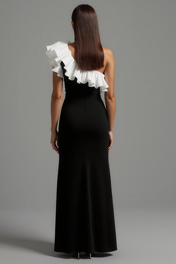Black and White One Shoulder Ruffled Long Formal Dress