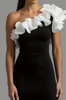 Load image into Gallery viewer, Black and White One Shoulder Ruffled Long Formal Dress