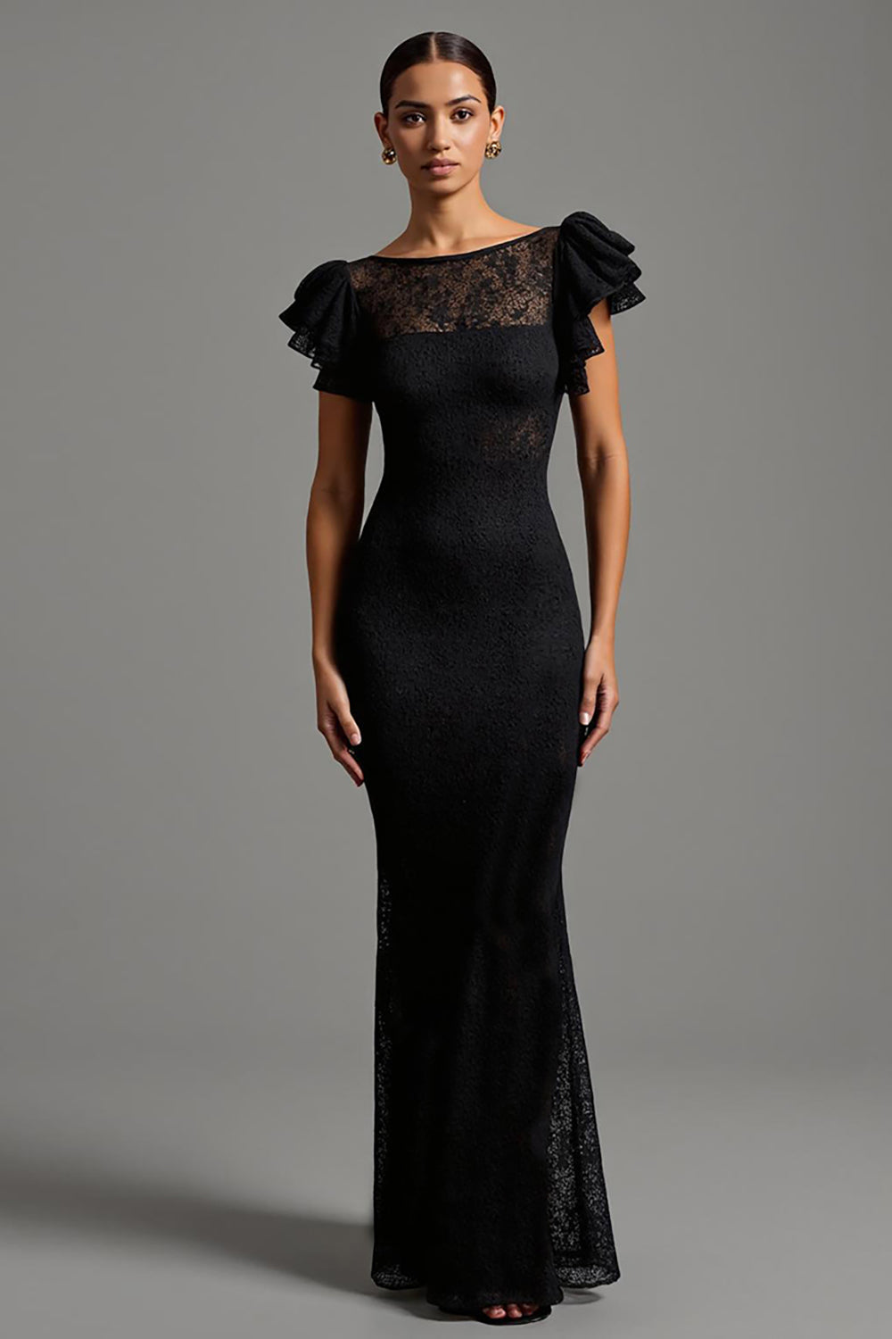 Black Meramid Lace Boat Neck Long Formal Dress with Ruffles