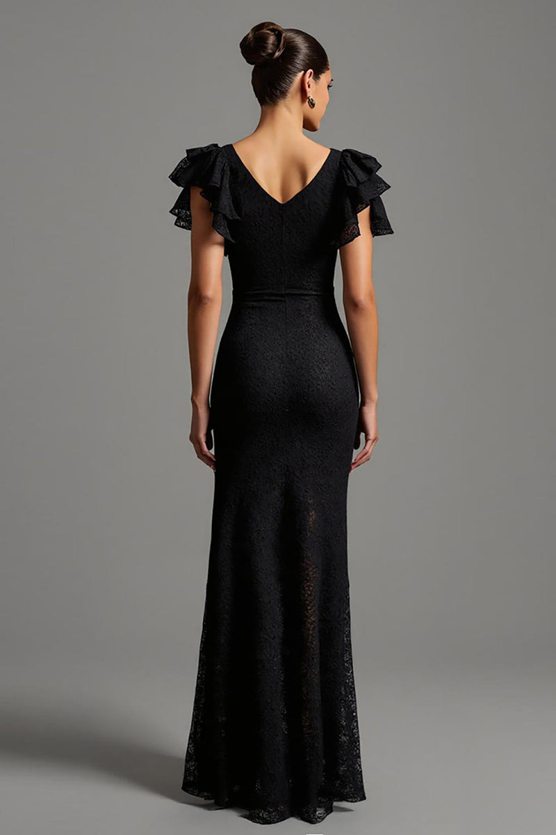 Load image into Gallery viewer, Black Meramid Lace Boat Neck Long Formal Dress with Ruffles