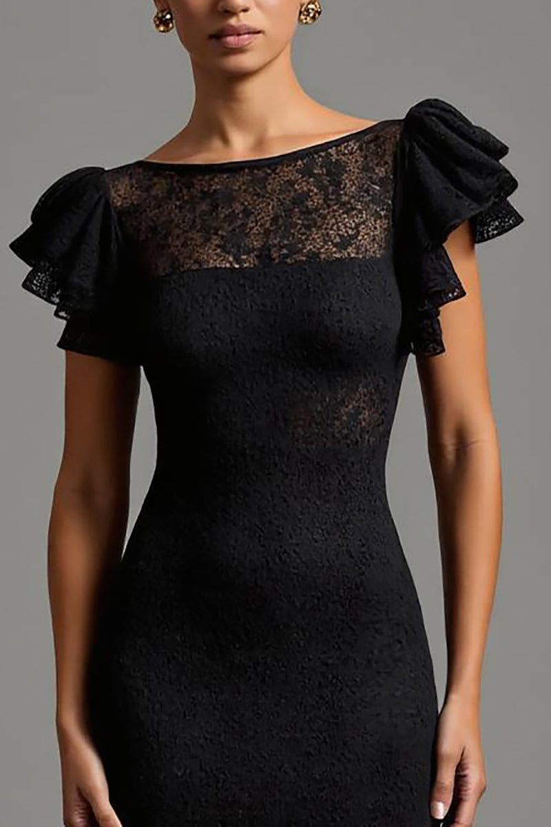 Load image into Gallery viewer, Black Meramid Lace Boat Neck Long Formal Dress with Ruffles