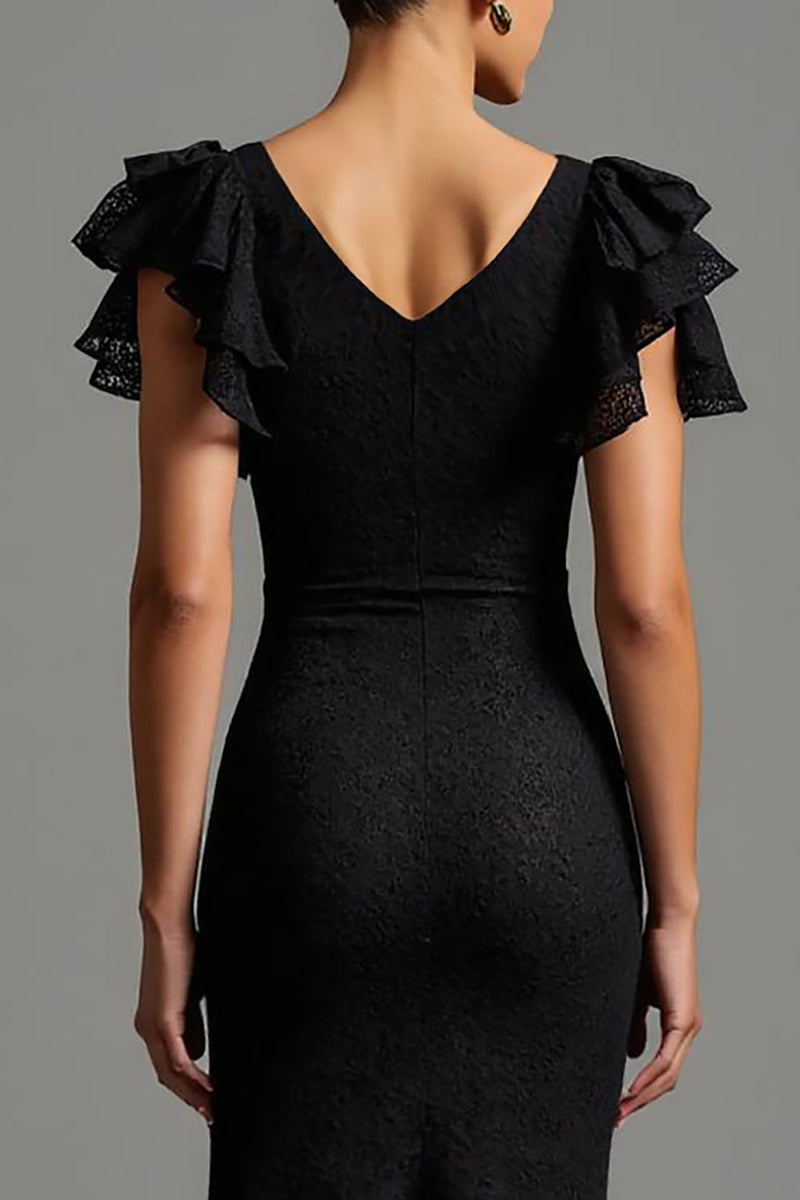 Load image into Gallery viewer, Black Meramid Lace Boat Neck Long Formal Dress with Ruffles