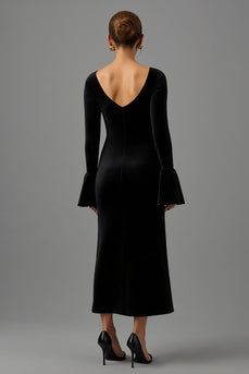 Black Sheath Velvet V Neck Long Formal Dress with Long Sleeves
