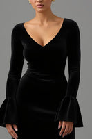 Load image into Gallery viewer, Black Sheath Velvet V Neck Long Formal Dress with Long Sleeves