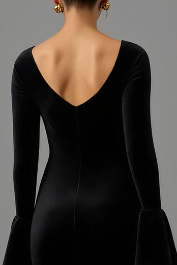 Black Sheath Velvet V Neck Long Formal Dress with Long Sleeves