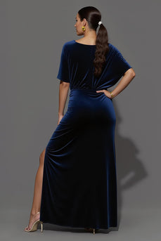 Navy Velvet Long Sheath Formal Dress with Slit