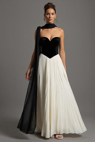 Black and White Chiffon A Line Sweetheart Long Formal Dress