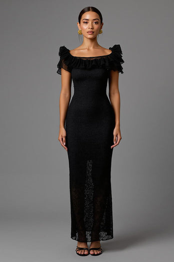 Black Sheath Lace Long Formal Dress with Ruffles