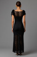 Load image into Gallery viewer, Black Sheath Lace Long Formal Dress with Ruffles