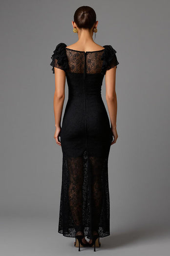 Black Sheath Lace Long Formal Dress with Ruffles