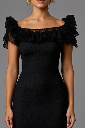 Black Sheath Lace Long Formal Dress with Ruffles