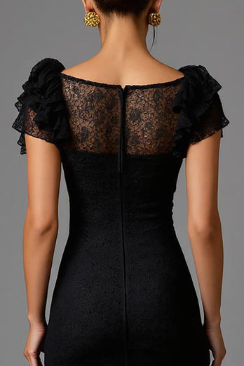 Black Sheath Lace Long Formal Dress with Ruffles