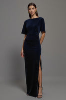 Load image into Gallery viewer, Navy Velvet Sheath Boat Neck Long Formal Dress with Slit