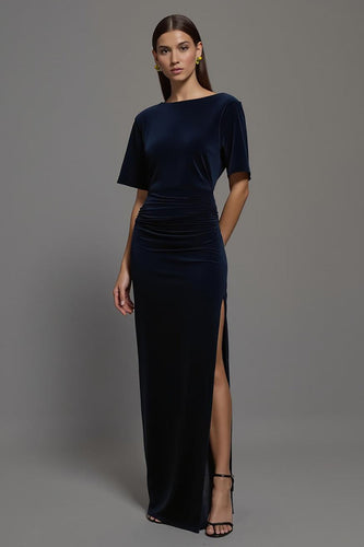 Navy Velvet Sheath Boat Neck Long Formal Dress with Slit