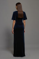 Load image into Gallery viewer, Navy Velvet Sheath Boat Neck Long Formal Dress with Slit