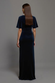 Navy Velvet Sheath Boat Neck Long Formal Dress with Slit