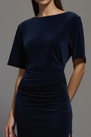 Load image into Gallery viewer, Navy Velvet Sheath Boat Neck Long Formal Dress with Slit