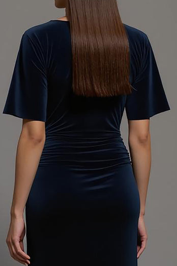 Navy Velvet Sheath Boat Neck Long Formal Dress with Slit